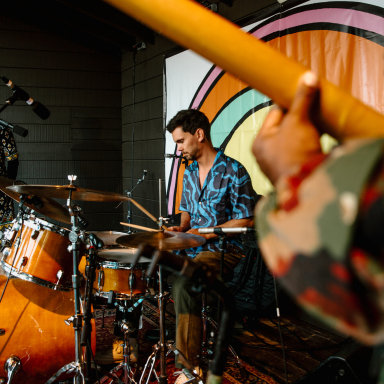A unique angle of a band on stage