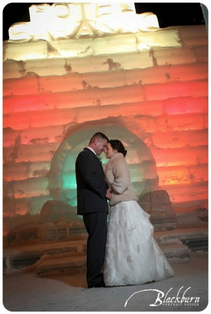 Winter Carnival's Ice Palace (no two alike!) is a perfect place to include in winter wedding plans (photo Blackburn Portrait Design)