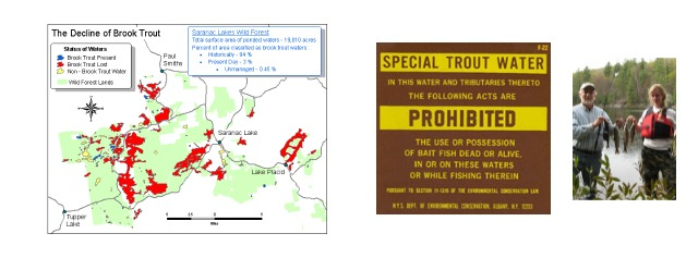 Bait fish can ruin a good trout pond. At left, the declines which had to be stopped. Middle, the sign which reminds anglers of prohibited bait fish. Right, happy anglers who used a Lake Clear Wabbler.