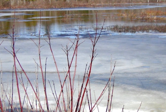 You might have to launch in ice, as seen in this shore in mid-April.