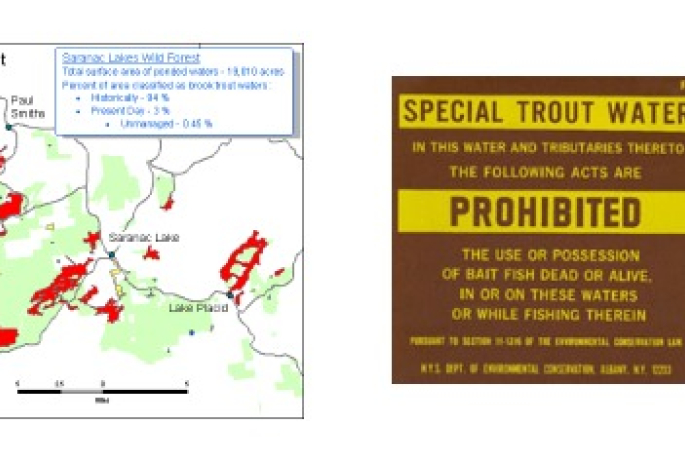 Bait fish can ruin a good trout pond. At left, the declines which had to be stopped. Middle, the sign which reminds anglers of prohibited bait fish. Right, happy anglers who used a Lake Clear Wabbler.