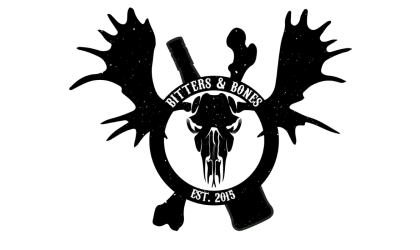The Logo - A moose scull with a bottle of bitters and a femur crossed behind and a ring with Bitters & Bones surrounding