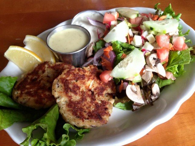 Grilled Crab Cakes and tossed salad, as featured on The Sharmrock's site and menu. Yum!