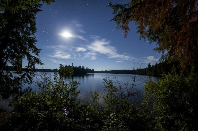 The moon rising over Follensby Clear Pond