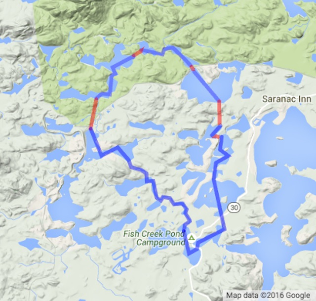 Map showing the Floodwood Loop canoe route in the Adirondacks