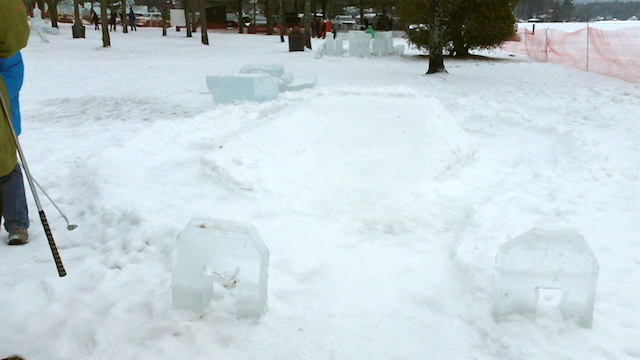 Foreground -- tricky bunch of terrain. Background -- Icehenge, one of the most popular holes on the course that year.