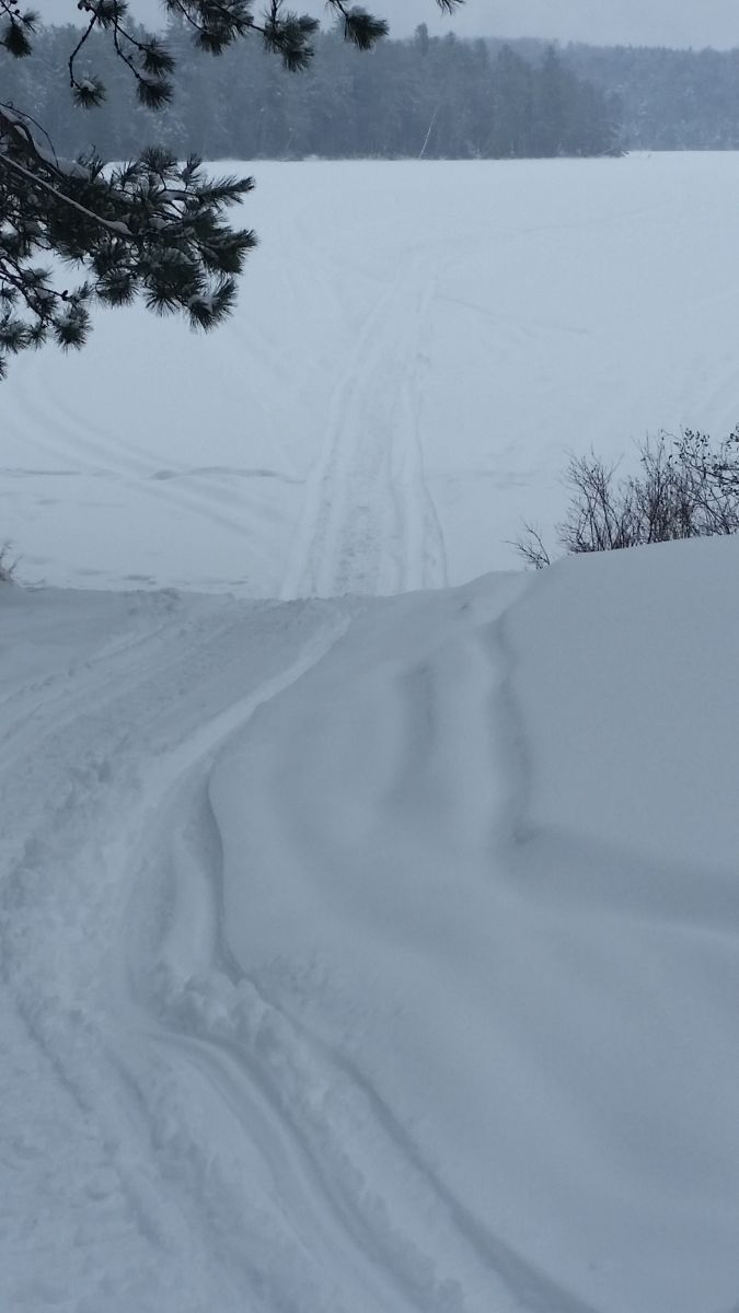 Snowmobile tracks going across the lake!