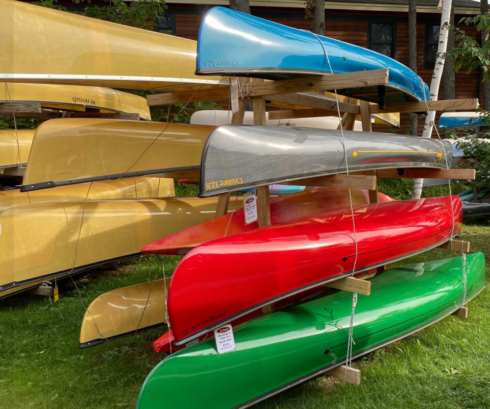 A rack full of canoes.