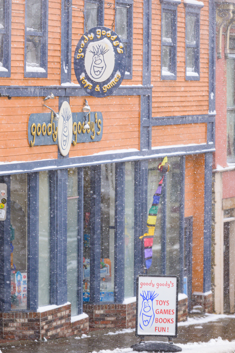 A toy store in the snow.