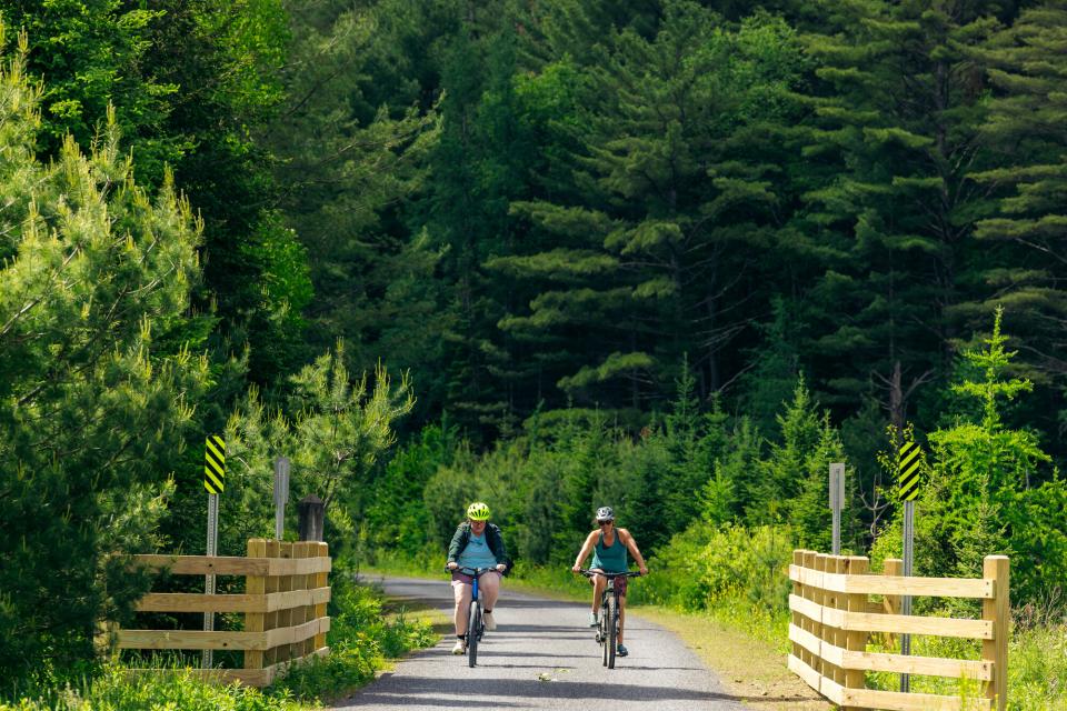 Two women ride bikes on a paved trail in the woods.