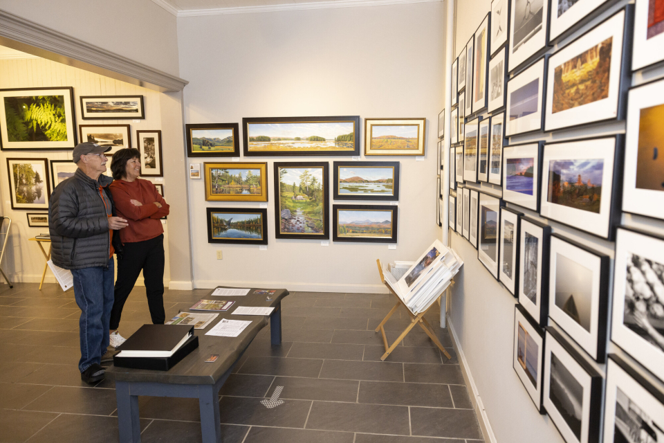 Two visitors admire framed paintings and photographs displayed in a well-lit art gallery.