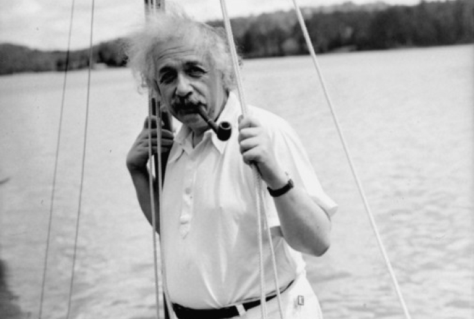 Albert Einstein sailing on his boat in Saranac Lake, NY