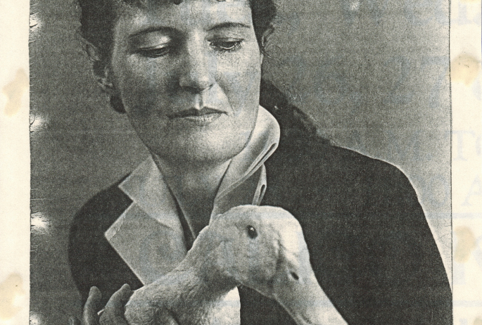 Portrait of Martha Reben with her pet duck, Mr. Dooley. Courtesy Historic Saranac Lake.