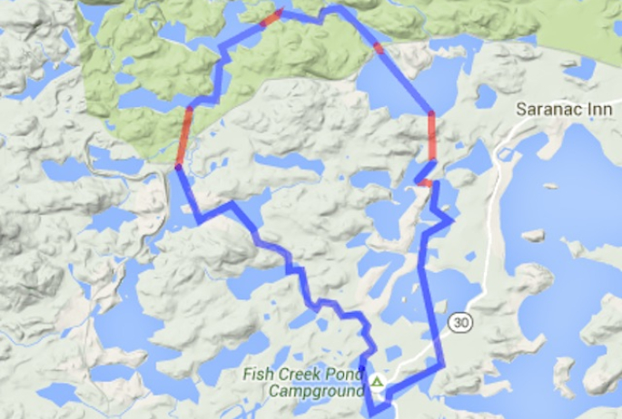 Map showing the Floodwood Loop canoe route in the Adirondacks