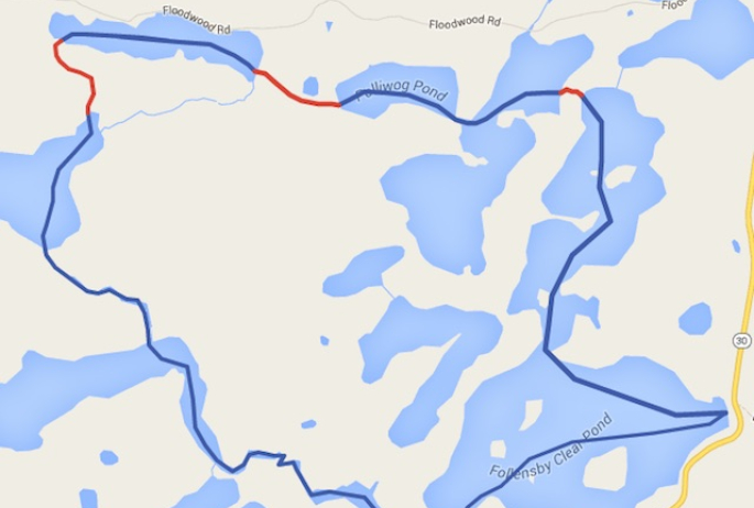 A map containing the full loop of Follensby Clear Pond and surrounding ponds.