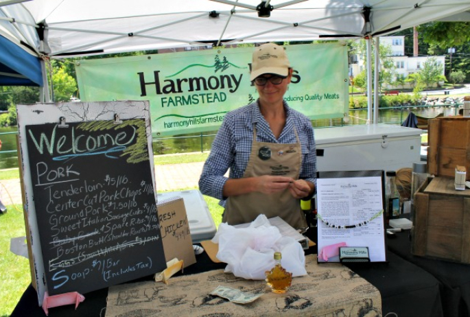 Harmony Hills Farmstead has many kinds of pork, whole chickens, eggs -- even soap! But make it an early stop, because when it is scratched through on the chalkboard, that one's gone!