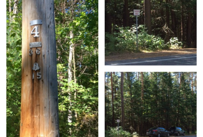 At left, the telephone pole which marks the beginning of the trail. At right, top and bottom, what the parking lot looks like.