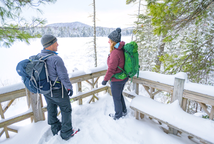 A man and woman look out on a frozen lake from a snowy lookout platform.