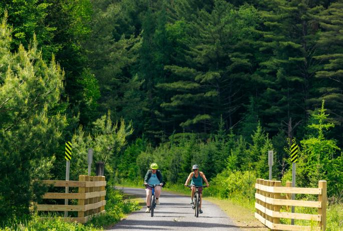 Two women ride bikes on a paved trail in the woods.