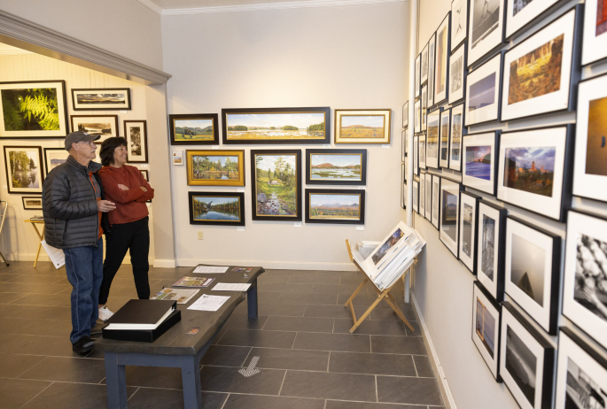 Two visitors admire framed paintings and photographs displayed in a well-lit art gallery.