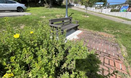 A small park with a bench in the middle of town