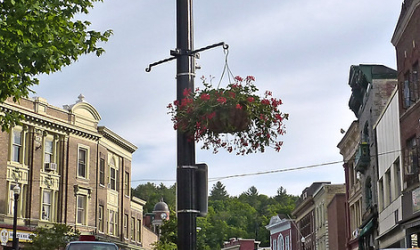 Hanging baskets on the light posts beautify the town
